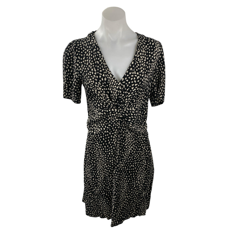 Maje Women Black Floral Short Sleeve Twist Front V Neck Mini Sheath Dress Size 6