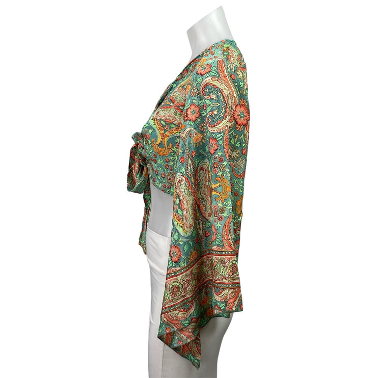 Womens Green Red Floral Paisley Print Bell Sleeve Tie Front Crop Blouse Top Sz S