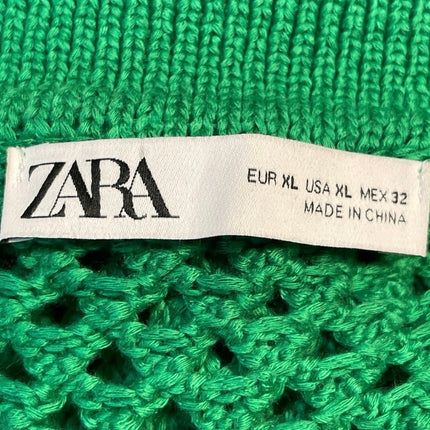 Zara Women's Green Open Knit Crochet Short Sleeve Collared Polo Shirt Top Sz XL