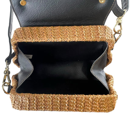 Women's Multicolor Boho Woven Straw Faux Leather Handle Crossbody Handbag OS