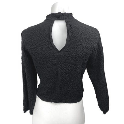 Zara Black Long Sleeve Textured Crinkled Mock Neck Cropped Blouse Top Size S
