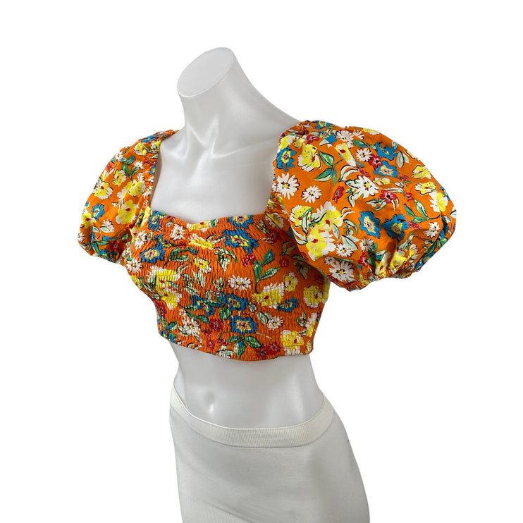 Zara Women's Coral Floral Smocked Short Puff Sleeve Square Neck Crop Top Size S