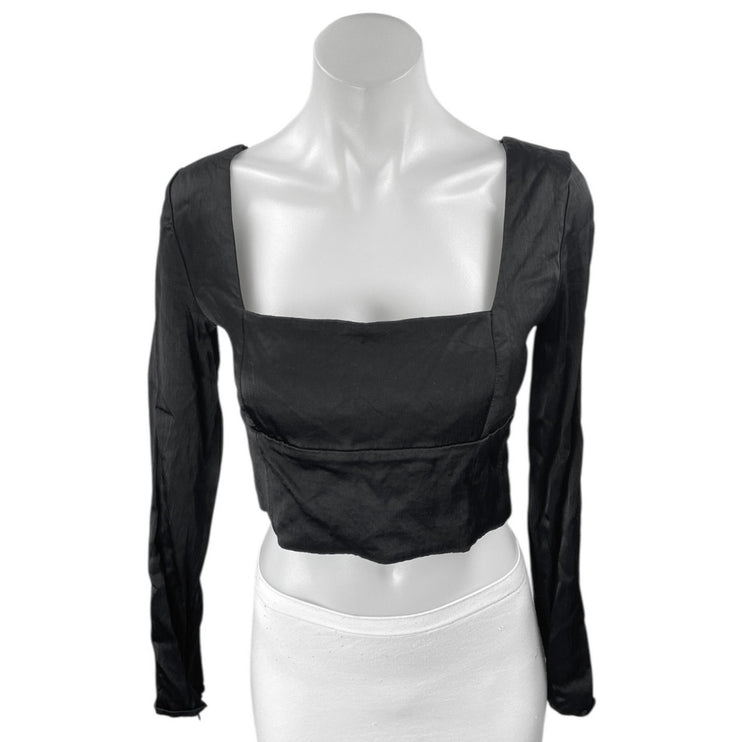 Zara Black Silky Satin Long Sleeve Square Neck Lace Up Back Crop Blouse Top Sz M