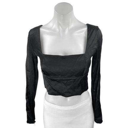 Zara Black Silky Satin Long Sleeve Square Neck Lace Up Back Crop Blouse Top Sz M