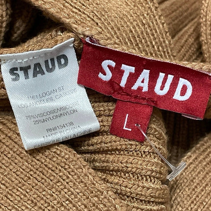 Staud Women's Tan Ribbed Knit V Neck Button Down Cardigan Sweater Top Size L
