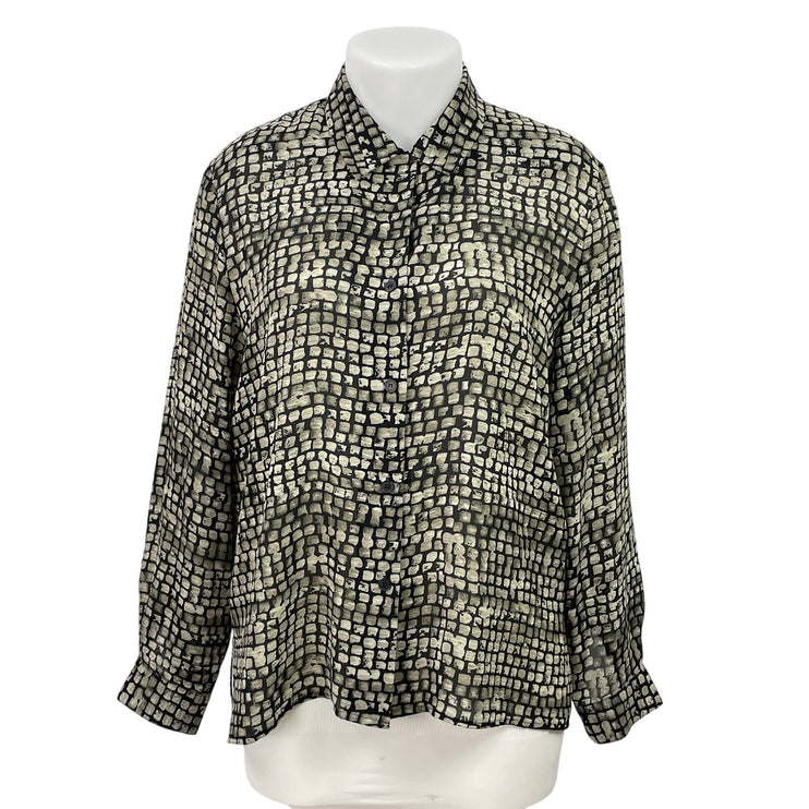 Josephine Chaus Black Gray Stone Brick Long Sleeve Button Down Shirt Top Size 16