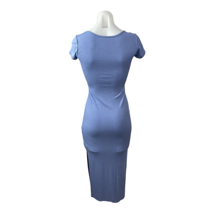 See You Monday Blue Ribbed Knit Short Sleeve Square Neck Midi Bodycon Dress S