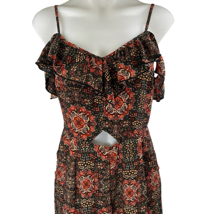 Xhilaration Multicolor Floral Cold Shoulder Ruffle Cutout Wide Leg Jumpsuit Sz M