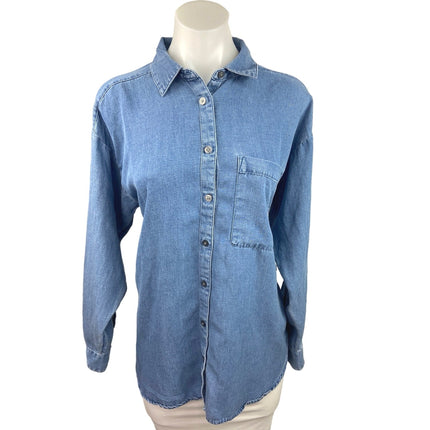 Ann Taylor LOFT Blue Linen Denim Long Sleeve Pocket Button Down Shirt Top Size M