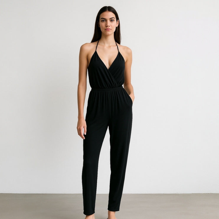 Lulus Learning to Fly Black Halter Sleeveless V Neck Faux Wrap Jumpsuit Size S