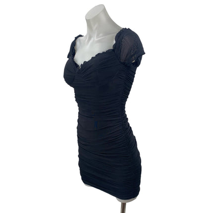 Windsor Black Mesh Ruched Sweetheart Ruffled Cap Sleeve Mini Bodycon Dress Sz S