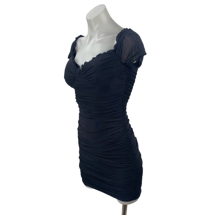 Windsor Black Mesh Ruched Sweetheart Ruffled Cap Sleeve Mini Bodycon Dress Sz S
