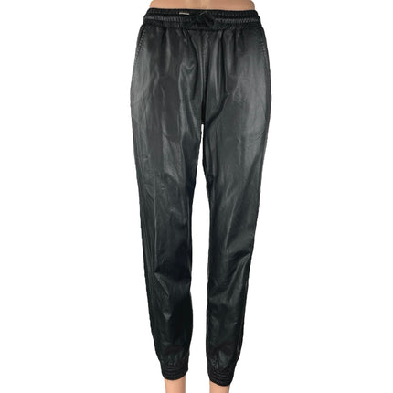 Zara Women Black Faux Vegan Leather High Rise Drawstring Jogger Trouser Pants XS