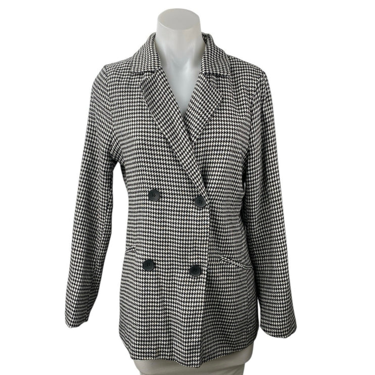 Parisian Black White Houndstooth Checkered Double Breasted Blazer Coat Jacket 6