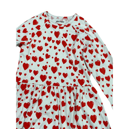 Mini Rodini Kids Girls' White Red Hearts Long Sleeve Mini Flare Dress Sz 9-11YO