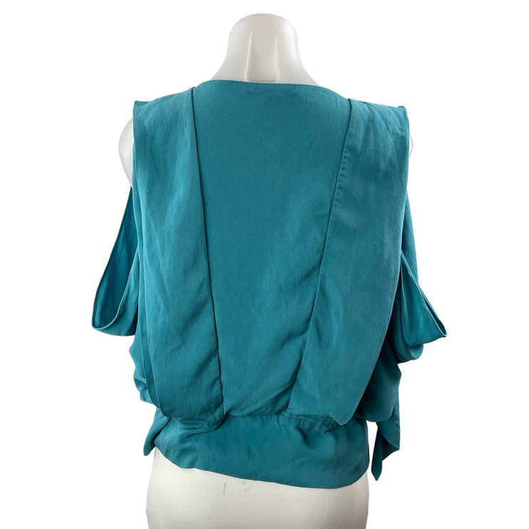 Diane Von Furstenberg Women Teal 100% Silk Cold Shoulder Drape Blouse Top Size 8