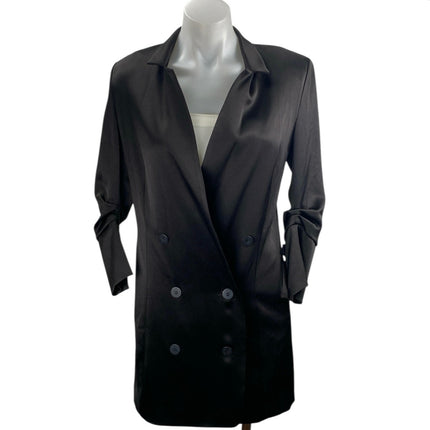 Halston Black Satin Double Breasted Ruched 3/4 Sleeve Blaxzr Coat Jacket Top XS