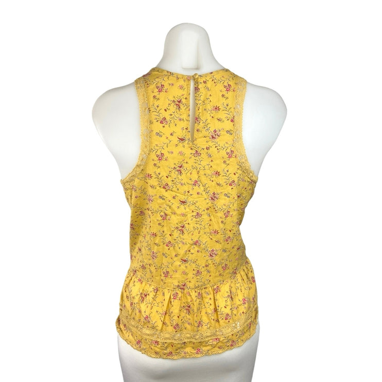 Hollister Yellow Floral Print Pleated Lace Trim High-Neck Peplum Tank Top Size M