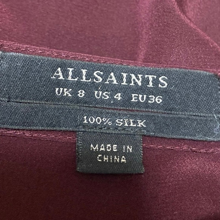 AllSaints Red 100% Silk Long Sleeve Ruffle Button Tie Waist Mini A Line Dress 4