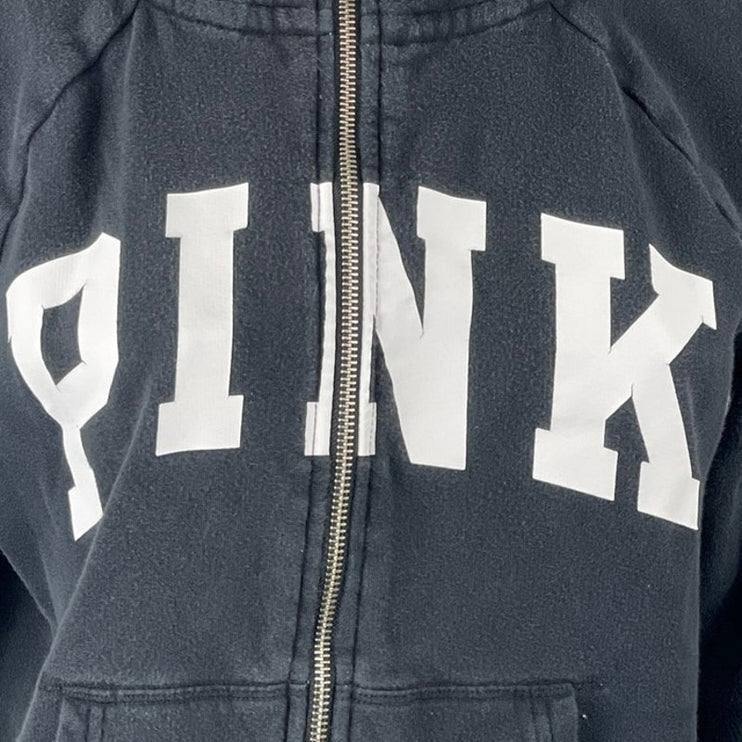 Pink Victoria's Secret Women's Black Zip Up Hoodie Hooded Sweatshirt Top Size S