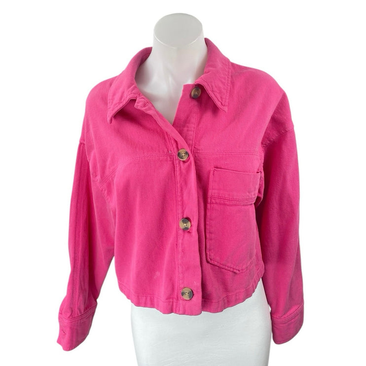Zara Women's Pink Long Sleeve Button Down Cropped Denim Jean Jacket Size XS