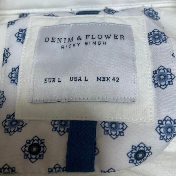 Denim & Flower Men's White Long Sleeve Collared Button Down Shirt Top Size L