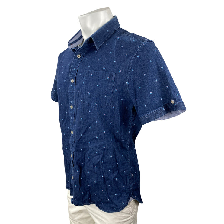 7 Diamonds Men's Blue Floral Embroidery Denim Stretch Button Down Shirt Top Sz L