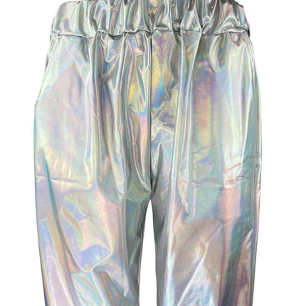 Women's Silver Metallic Irredescent Glossy Tapered High Waist Jogger Pants Sz L