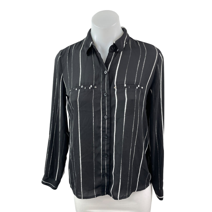 Apt. 9 Women's Black Stripe Collared Long Sleeve Button Down Shirt Top XS Petite