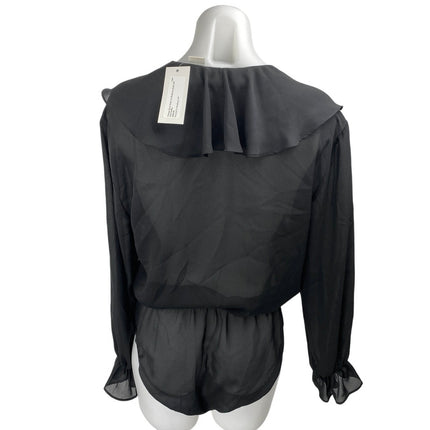 Liz Claiborne Black Long Sleeve Ruffle Collar V Neck Blouse Bodysuit Top Size 8
