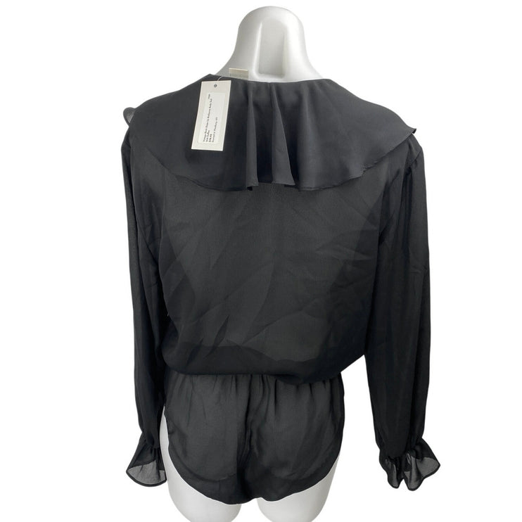 Liz Claiborne Black Long Sleeve Ruffle Collar V Neck Blouse Bodysuit Top Size 8