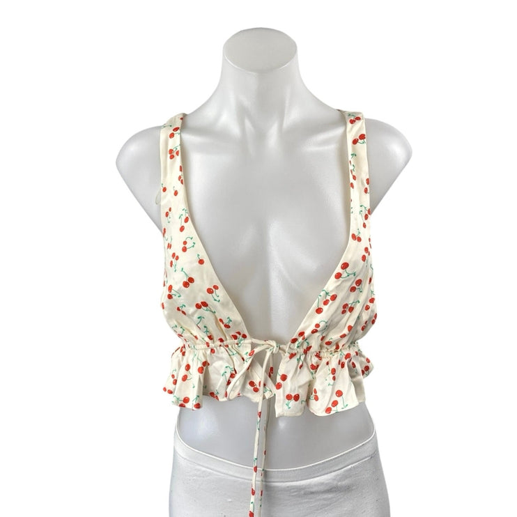 NEW Zara Cream Cherries Print Silky Satin Sleeveless Peplum Crop Tank Top Size S