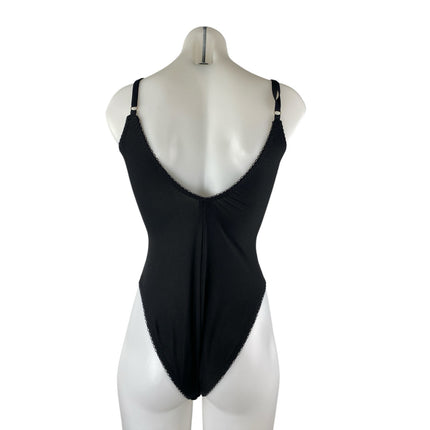 We are HAH Black Lace Trim Ruffled V Neck Sleeveless One Piece Bodysuit Top Sz S