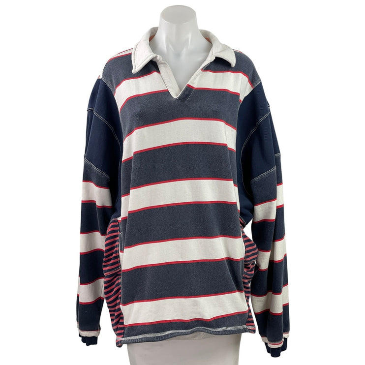 Free People FP Movement Work It Out Blue White Striped Pullover Polo Shirt Top M