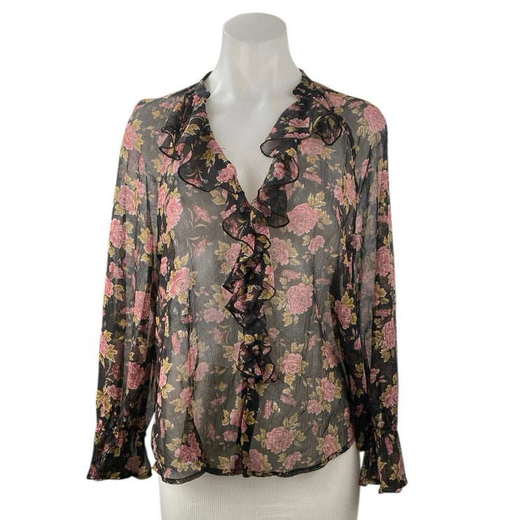 Zara Women's Floral Sheer Mesh Long Sleeve Ruffle V Neck Shirt Blouse Top Size S
