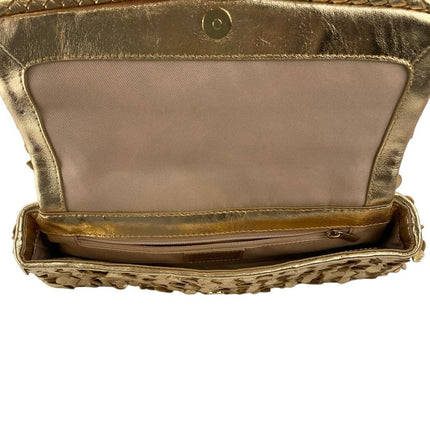 Sam Edelman Gold Bianka Woven Leather East/West Clutch Wristlet Purse Pouch OS