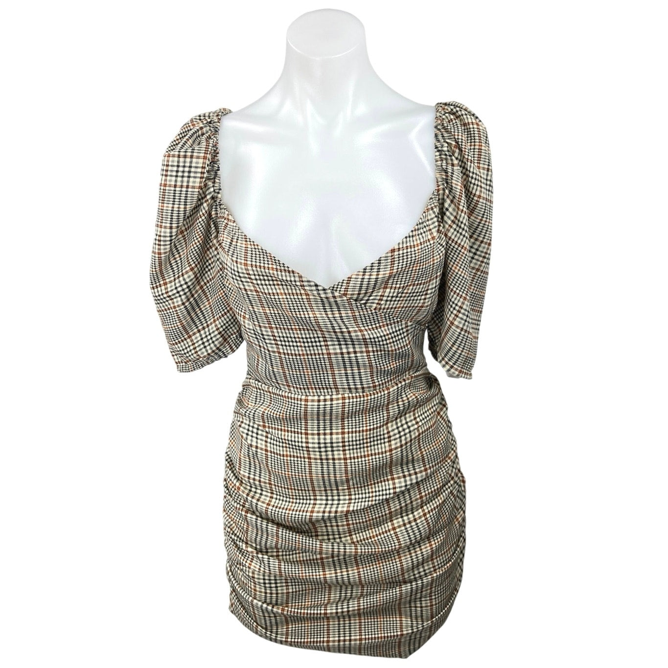 Missguided Brown Plaid Print Puff Sleeve Mini Dress - Women's Size 4 Missguided Brown Plaid Print Puff Sleeve Mini Dress - Women's Size 4