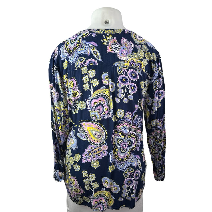 Talbots Women's Blue Paisley Print Button Long Sleeve Tunic Blouse Top Size 2X