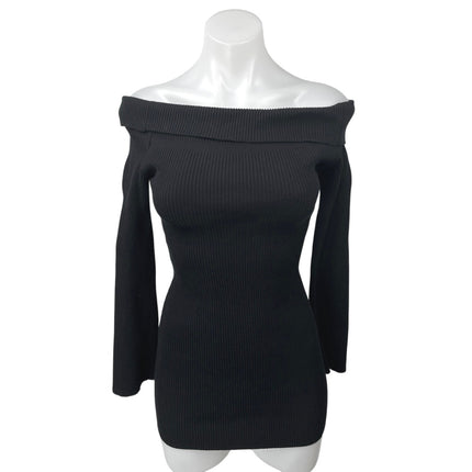 Tiger Mist Black Rib Knit Off Shoulder Long Sleeve Mini Bodycon Sweater Dress S