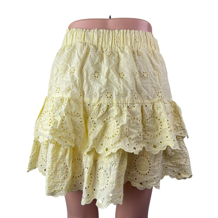 Ann Taylor LOFT Yellow Floral Eyelet Embroidered Ruffle Tiered Mini Skirt Size S