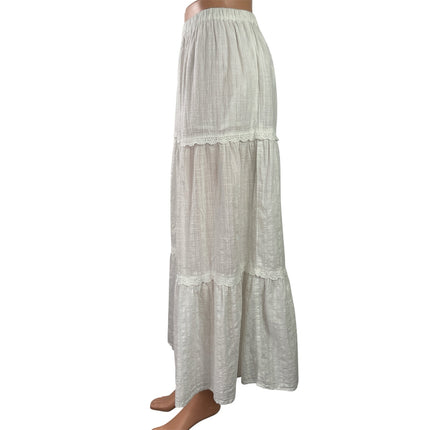 Roxy Womens White Elastic Waist Tiered Lace Trim Maxi Boho A-Line Skirt Sz XS/6