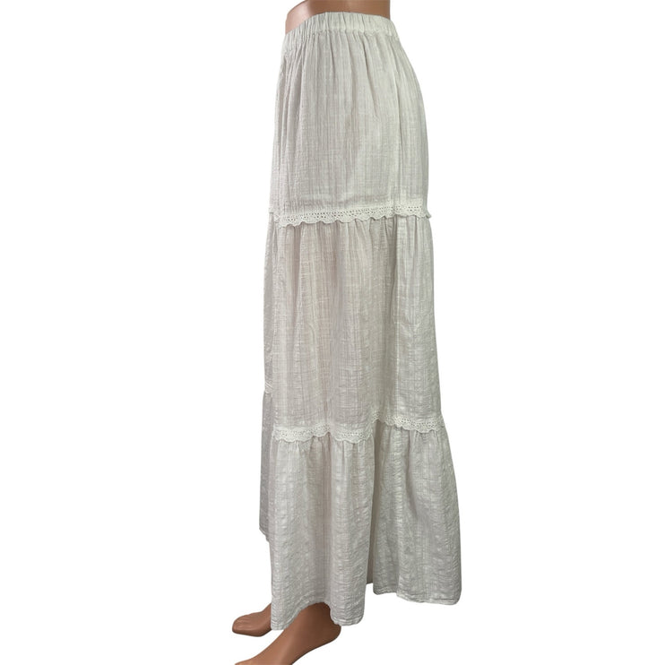 Roxy Womens White Elastic Waist Tiered Lace Trim Maxi Boho A-Line Skirt Sz XS/6