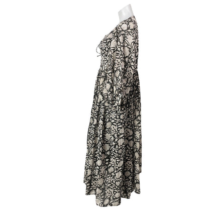 Daughters of India Kyra Pepper Black White 3/4 Puff Sleeves Floral Maxi Dress M