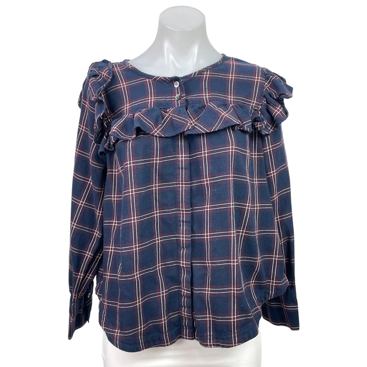 Madewell Women's Blue Plaid Ruffle Yoke Long Sleeve Check Blouse Top Size M