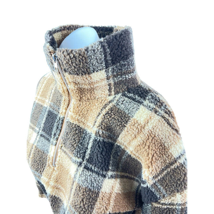 Zaful Beige Plaid Faux Sherpa Fleece Turtleneck Half Zip Cropped Sweater Top M