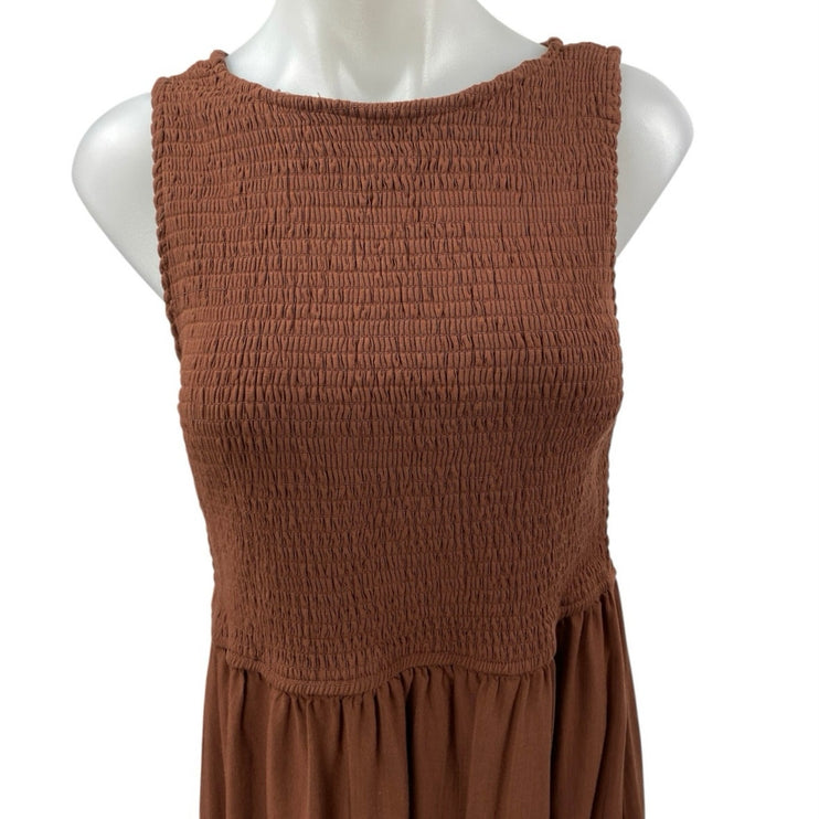 Japsa Women's Brown Smocked Sleeveless Pleated Fit & Flare Midi Dress Size XL