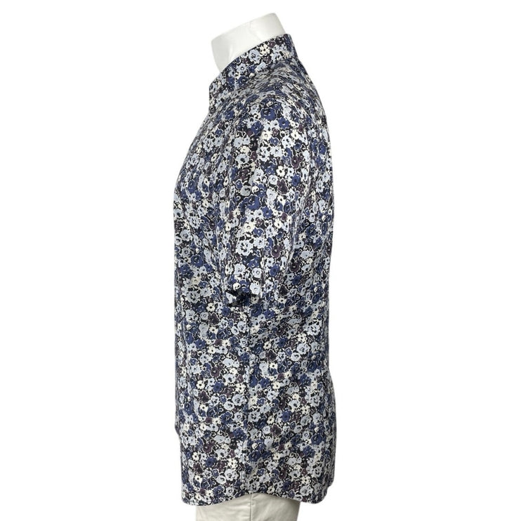 H&M Men's Blue Floral Slim Fit Short Sleeve Casual Button Down Shirt Top Size L