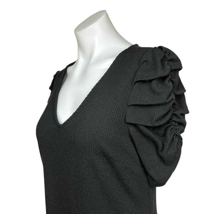 Nine West Black Ribbed Knit V-Neck Short Ruched Sleeve Mini Sheath Dress Size M