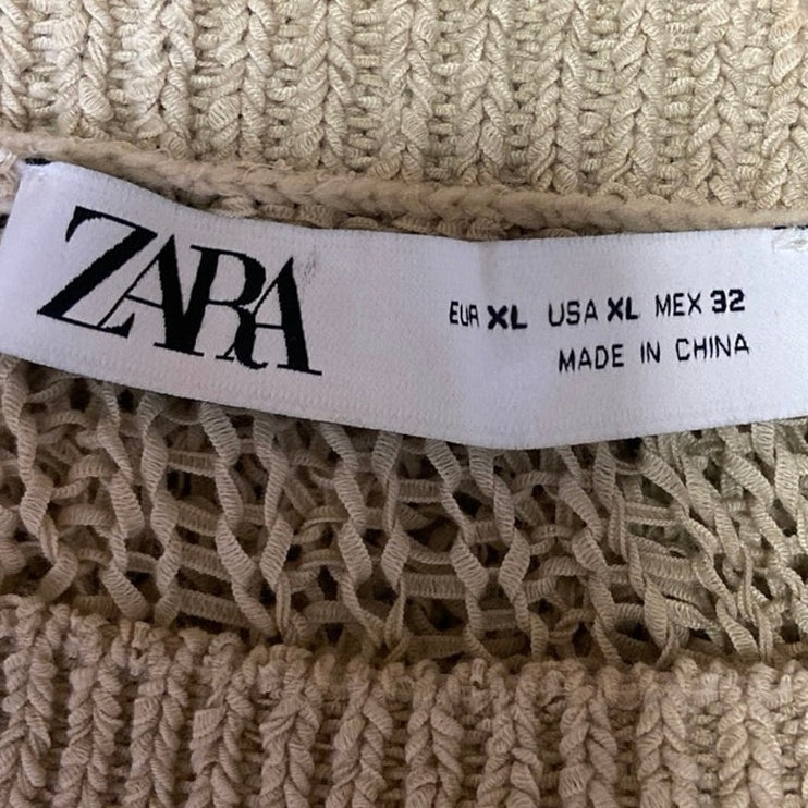 Zara Gold Knit Crochet Crew Neck Long Sleeve Sheer Pullover Sweater Top Size XL