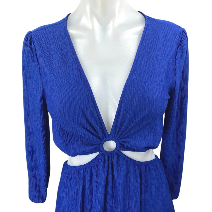 Monteau Blue Half Sleeve Cutout Deep V Neck Pleated A Line Mini Dress Size M